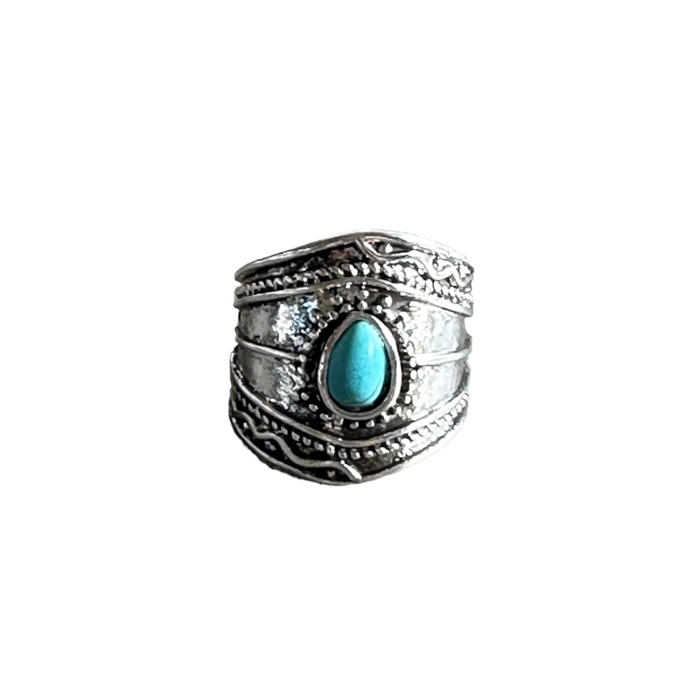 Boho Irregular Shaped Vintage Silver and Turquoise Ring